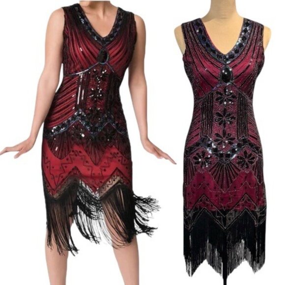 NWT Flapper Cocktail Dress Sz.S Red Black Sequin Beaded Tassels 1920s Gatsby - Picture 1 of 16